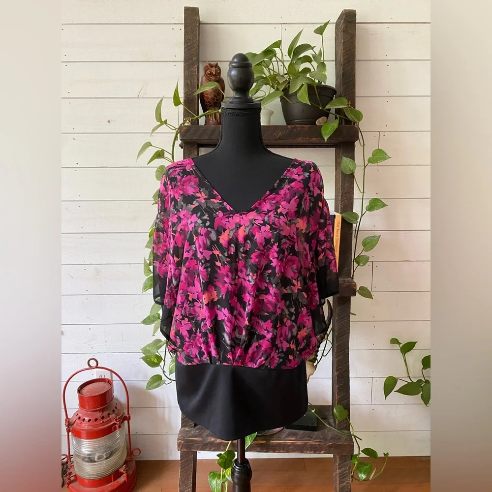 Elle: Pink and Black Floral Blouse with Cami